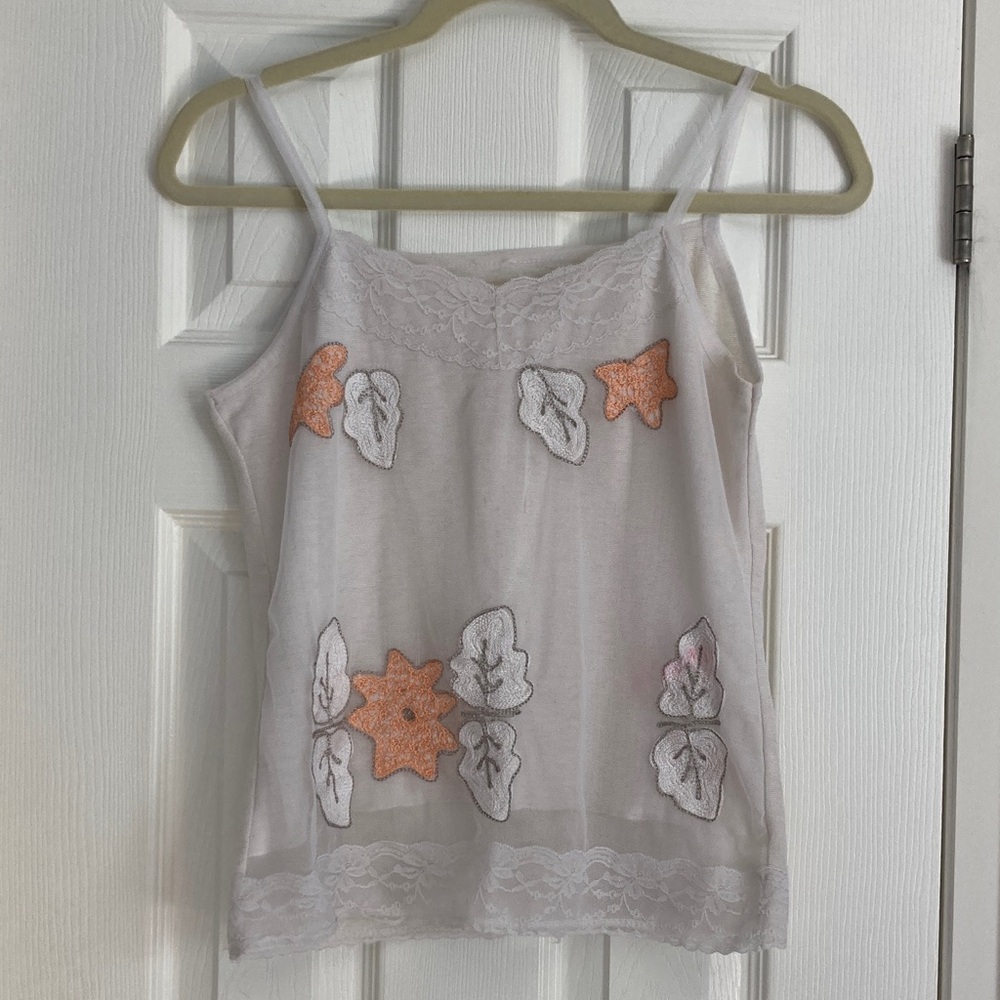 Vintage White Lace Camisole with Orange Floral Embroidery